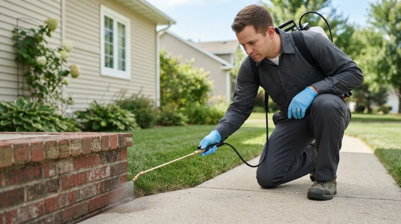 Pest control technician treating a home near Storrs Mansfield, CT